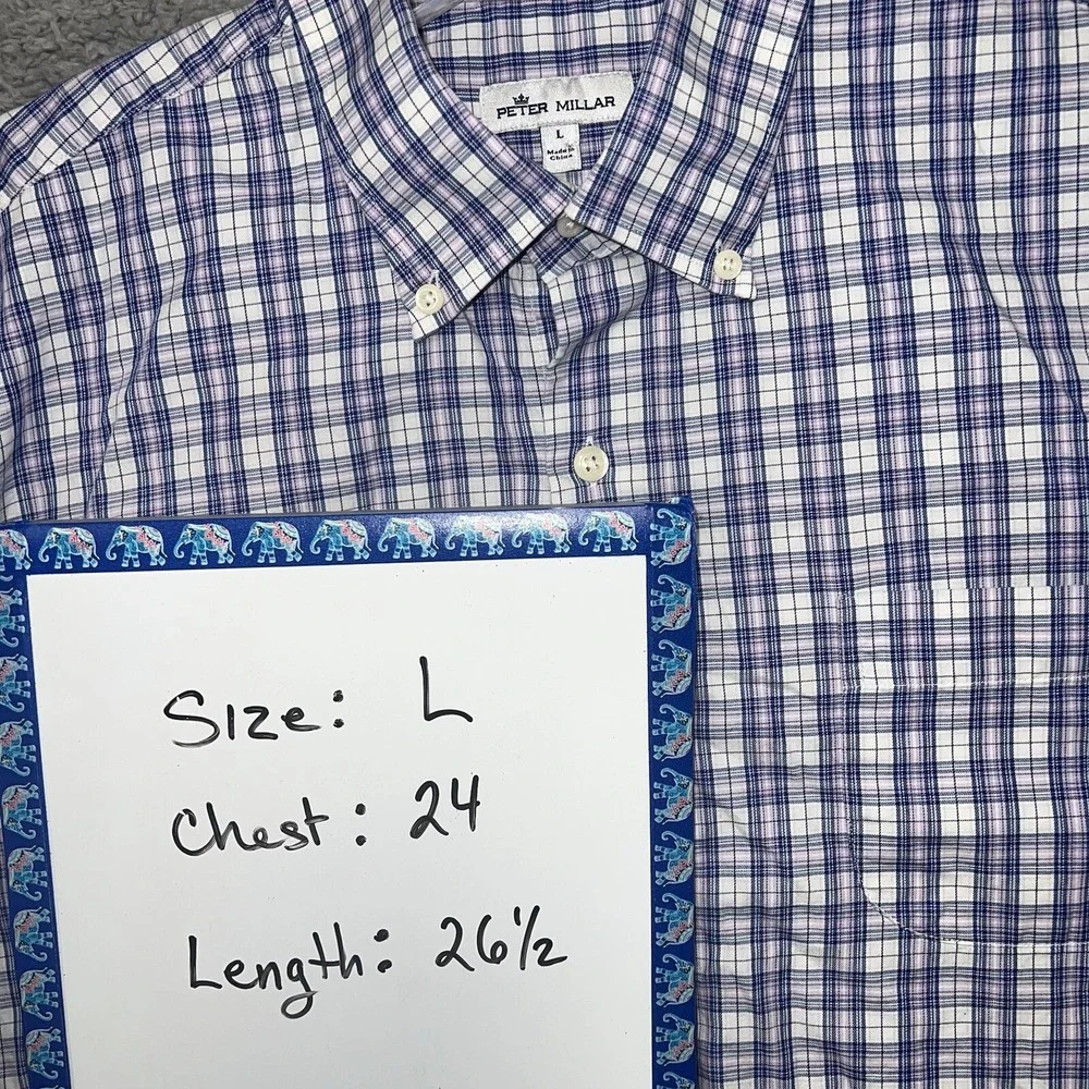 Peter Millar Shirt Men's Size‎ L Purple/Blue Plaid Button Up Long Sleeve Pocket